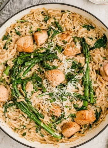 High Protein Chicken Orzo dish with chicken, orzo pasta, and vegetables
