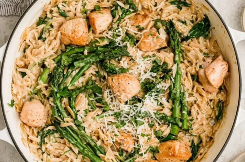 High Protein Chicken Orzo dish with chicken, orzo pasta, and vegetables