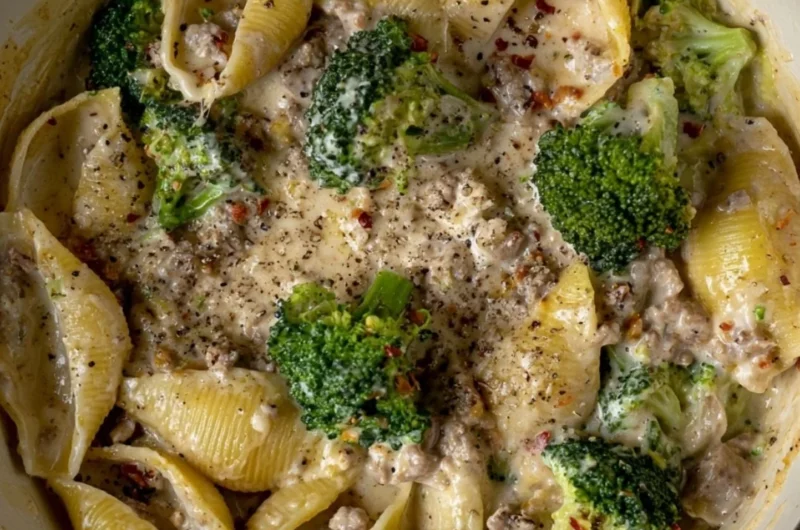 Plate of high protein pasta with turkey and broccoli