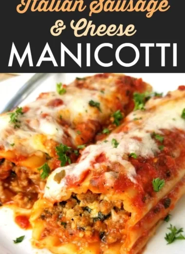Delicious Italian sausage and cheese baked manicotti served on a plate