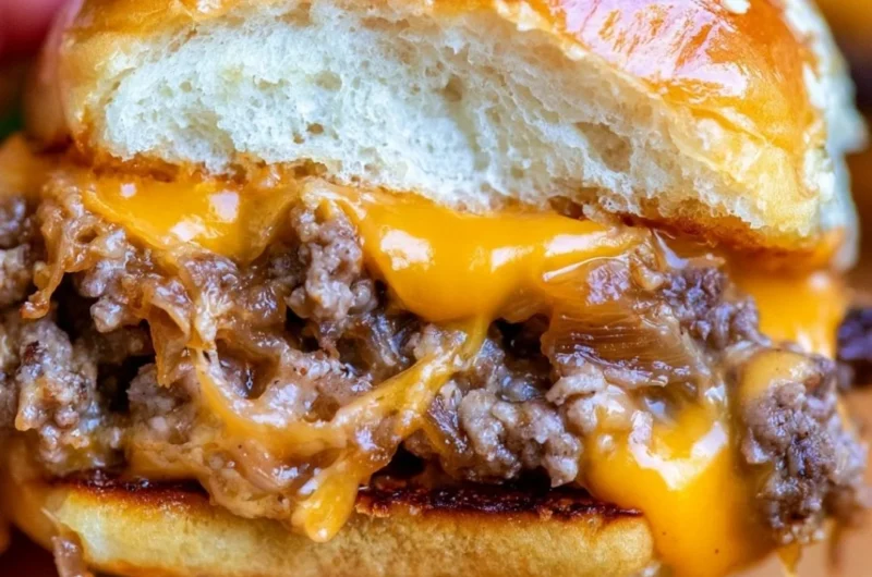 Plate of juicy cheeseburger sliders garnished with fresh toppings