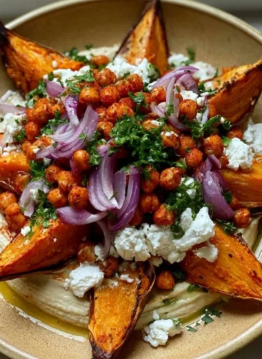 Loaded roasted sweet potato topped with savory ingredients for a hearty meal.