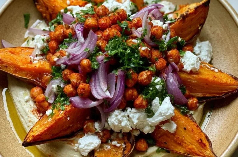 Loaded roasted sweet potato topped with savory ingredients for a hearty meal.