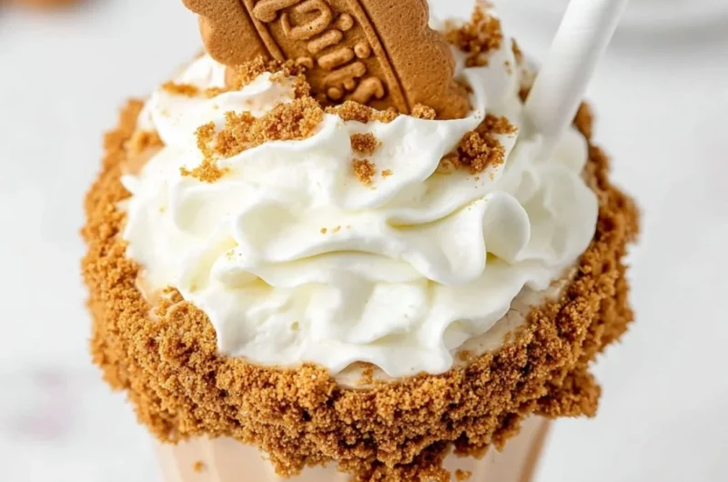 Delicious Lotus Biscoff milkshake topped with crumbled cookies in a glass