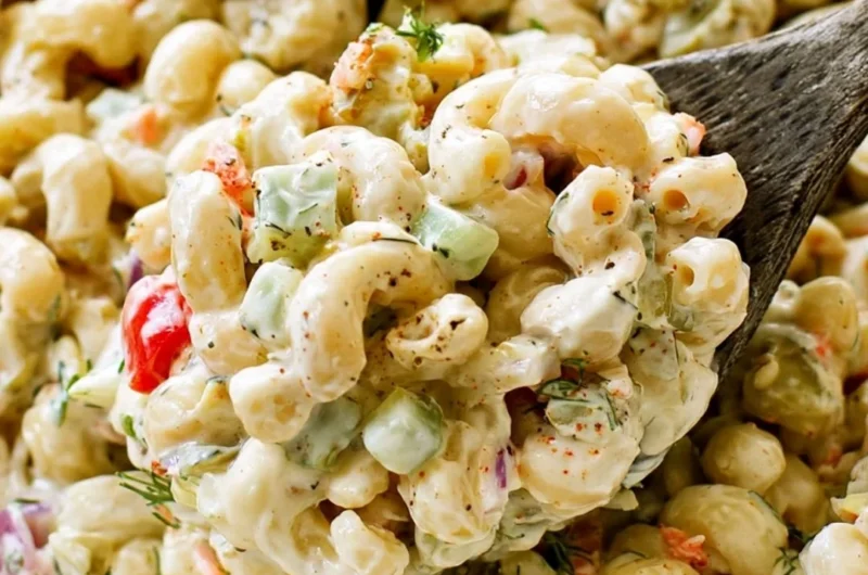 Delicious macaroni salad with colorful vegetables and creamy dressing