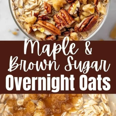 Bowl of Maple Brown Sugar Overnight Oats topped with maple syrup and brown sugar