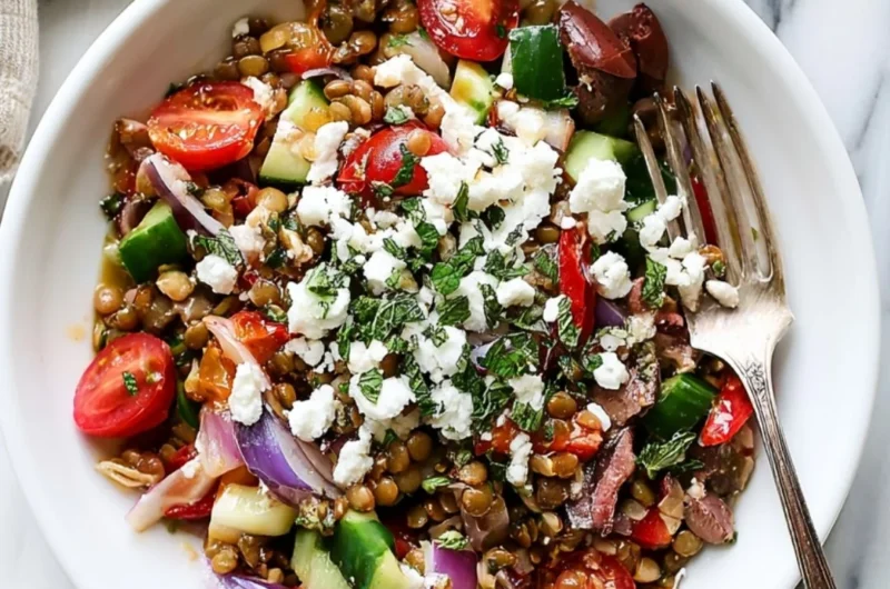 A colorful Mediterranean Lentil Salad filled with vegetables and herbs.