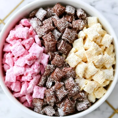Delicious Neapolitan Puppy Chow with chocolate, strawberry, and vanilla toppings.