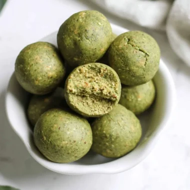 Delicious no bake matcha snack bites on a white plate