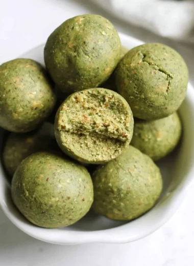 Delicious no bake matcha snack bites on a white plate