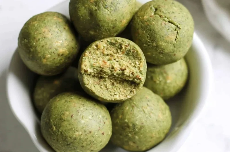 Delicious no bake matcha snack bites on a white plate