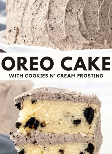 Delicious homemade Oreo Cake with chocolate frosting and crushed Oreos