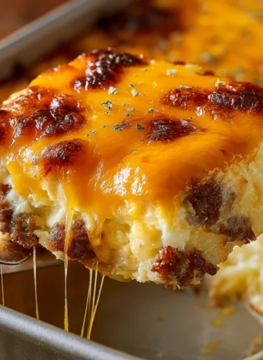 Delicious sausage, egg, and cream cheese hashbrown casserole dish served warm.