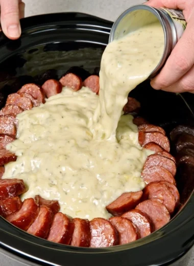 Slow Cooker Amish-Style Sausage and Noodle Bake ready to serve