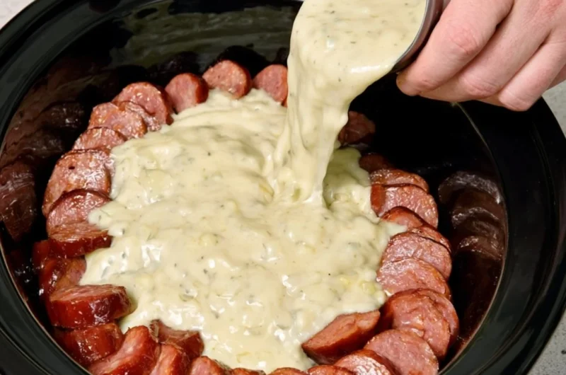 Slow Cooker Amish-Style Sausage and Noodle Bake ready to serve