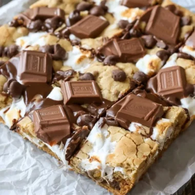 Delicious S'mores Cookie Bars with chocolate and marshmallows