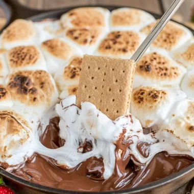 Delicious S'mores Dip served with graham crackers and chocolate melting