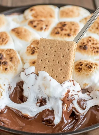 Delicious S'mores Dip served with graham crackers and chocolate melting
