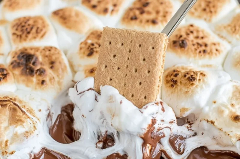 Delicious S'mores Dip served with graham crackers and chocolate melting