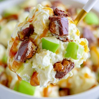 Delicious Snickers Salad served in a bowl with peanuts and chocolate