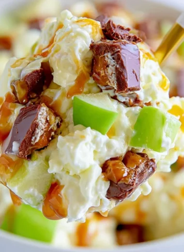 Delicious Snickers Salad served in a bowl with peanuts and chocolate