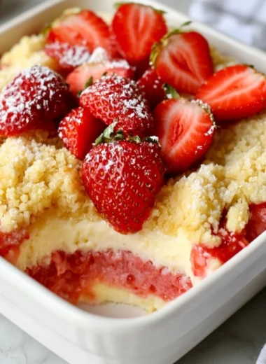 Delicious Strawberry Cheesecake Dump Cake with fresh strawberries and cream cheese