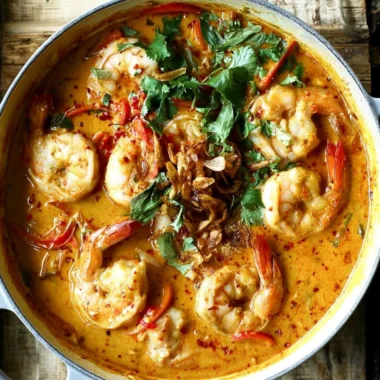 Bowl of Thai Coconut Shrimp Curry garnished with herbs
