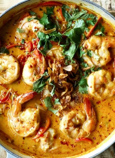 Bowl of Thai Coconut Shrimp Curry garnished with herbs