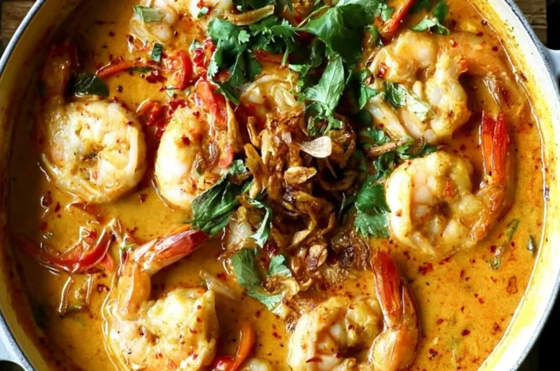 Bowl of Thai Coconut Shrimp Curry garnished with herbs