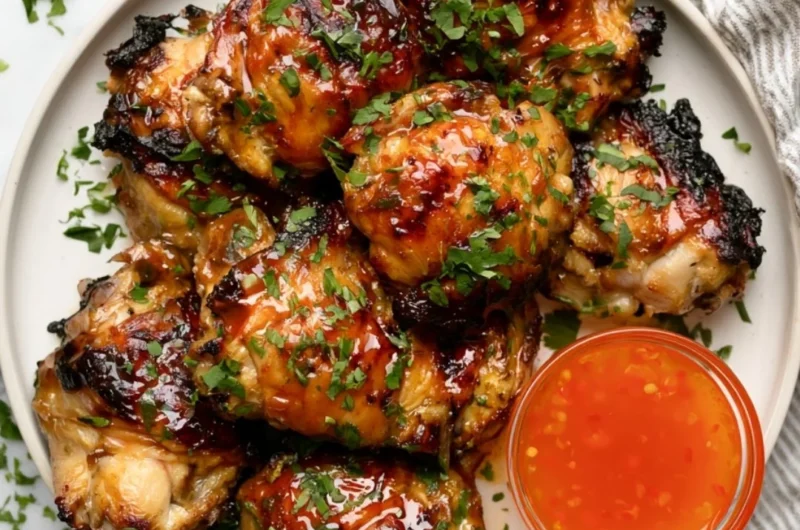 Delicious Thai grilled chicken marinated in herbs and spices on a grill
