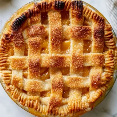 Freshly baked peach pie with a golden crust and juicy peach filling