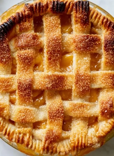 Freshly baked peach pie with a golden crust and juicy peach filling