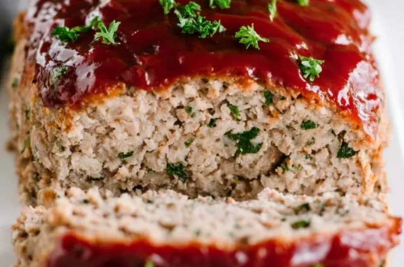 Delicious and juicy turkey meatloaf on a plate with herbs and vegetables