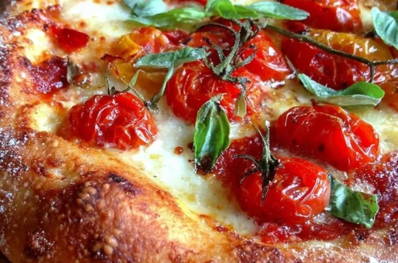 Homemade thin crust vegan pizza dough topped with fresh ingredients