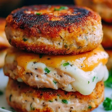 Delicious tuna melt patties served on a plate with melted cheese and herbs