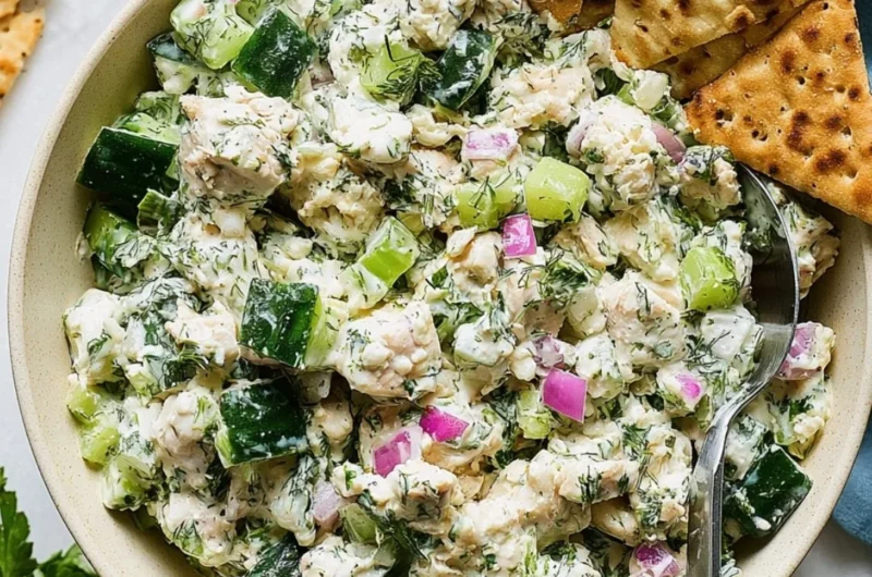 Delicious Tzatziki Chicken Salad served in a bowl with fresh vegetables