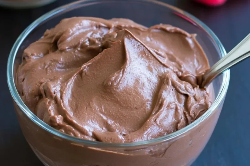Delicious vegan chocolate pudding served in a bowl topped with berries