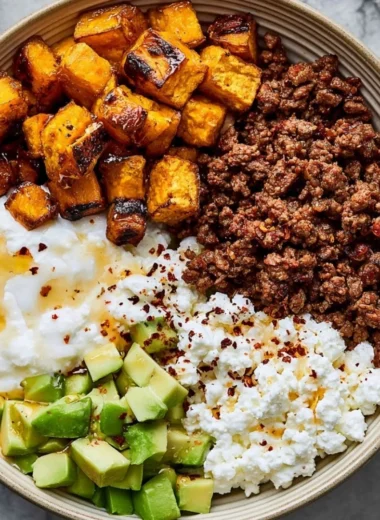 High-protein cottage cheese taco bowl with fresh toppings in a vibrant dish