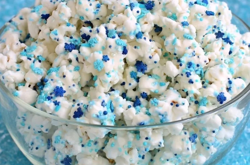 Winter Wonderland white chocolate popcorn drizzled with festive toppings