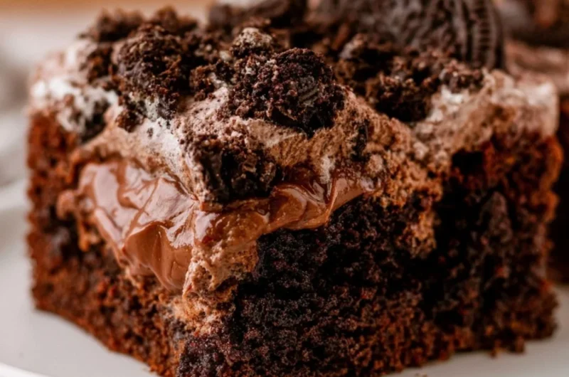 A delicious chocolate dirt cake decorated with gummy worms and crushed cookies.