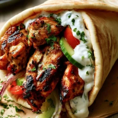 Delicious authentic Greek Chicken Gyros served with fresh vegetables and sauces