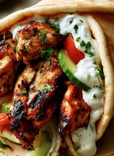 Delicious authentic Greek Chicken Gyros served with fresh vegetables and sauces