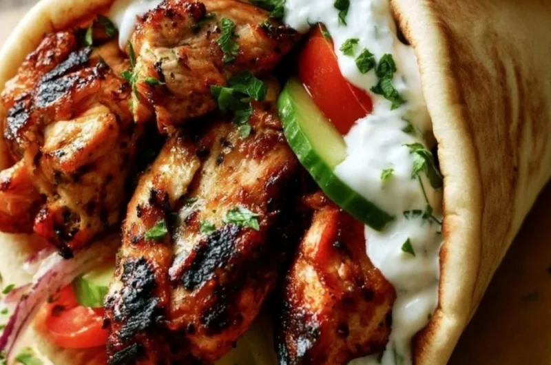 Delicious authentic Greek Chicken Gyros served with fresh vegetables and sauces