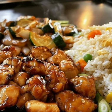 Plate of Blackstone Hibachi Chicken with vegetables on a grill