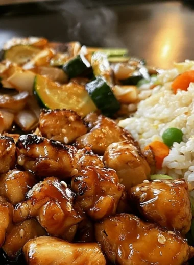 Plate of Blackstone Hibachi Chicken with vegetables on a grill