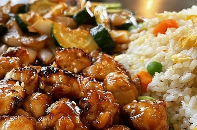 Plate of Blackstone Hibachi Chicken with vegetables on a grill