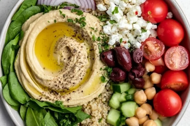 Delicious cozy Mediterranean hummus bowl topped with fresh vegetables and spices.
