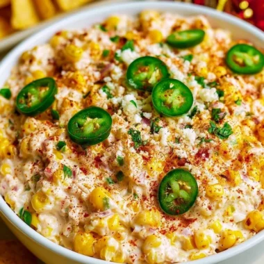 Cozy Mexican street corn dip served in a bowl with garnish