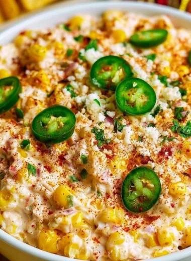 Cozy Mexican street corn dip served in a bowl with garnish