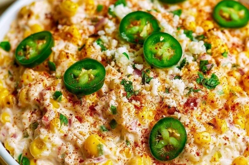 Cozy Mexican street corn dip served in a bowl with garnish